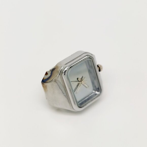 Vintage-like All silver tone mirror dial (2 glow hands) rectangular ring watch b - Picture 3 of 6